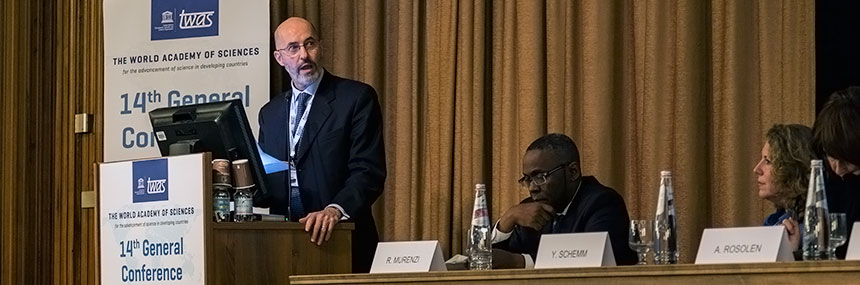 Fabrizio Nicoletti, minister plenipotentiary in the Italian Ministry of Foreign Affairs and International Cooperation, delivered remarks at the opening ceremony of the 14th TWAS General Conference and 28th General Meeting. To the right are TWAS Executive Director Romain Murenzi and Ylann Schemm, director of the Elsevier Foundation. (Photos: TWAS/Paola Di Bella)